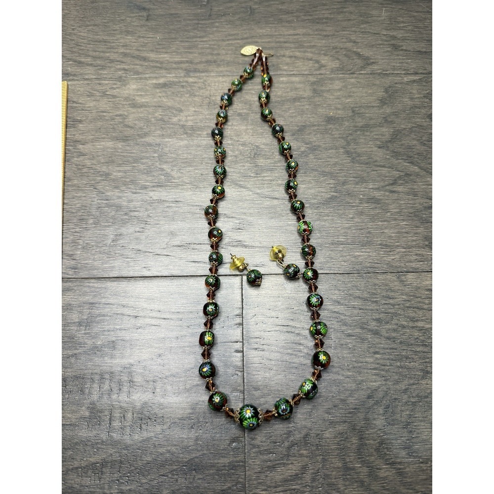 Vintage Venetian Murano Italy Blue Floral Glass Bead Necklace Flowers Earrings